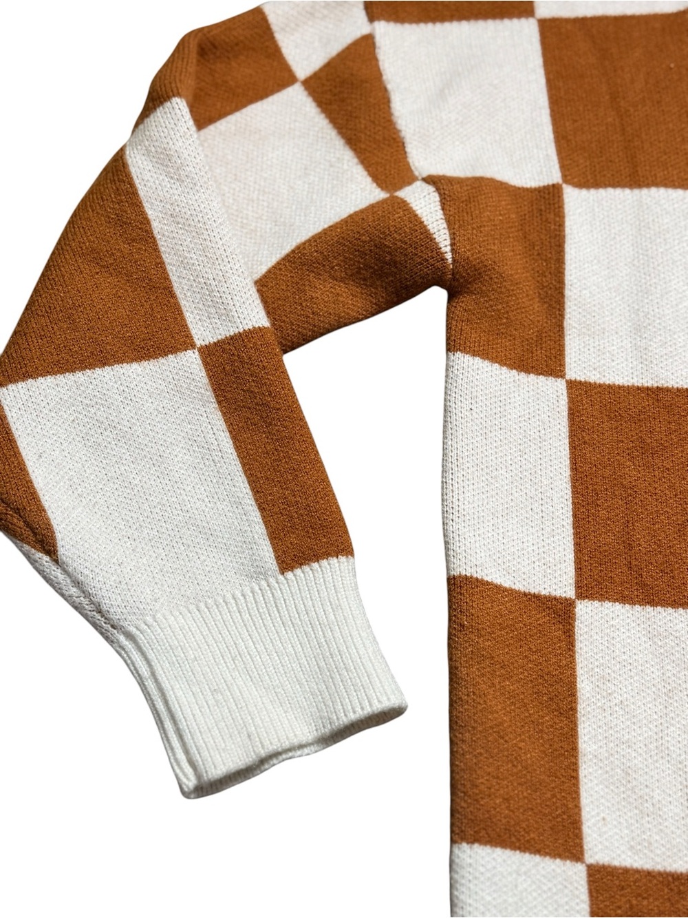 Oversized Medium Brown Cream Buffalo Plaid Knit Cardigan Sweater - Picture 4 of 11